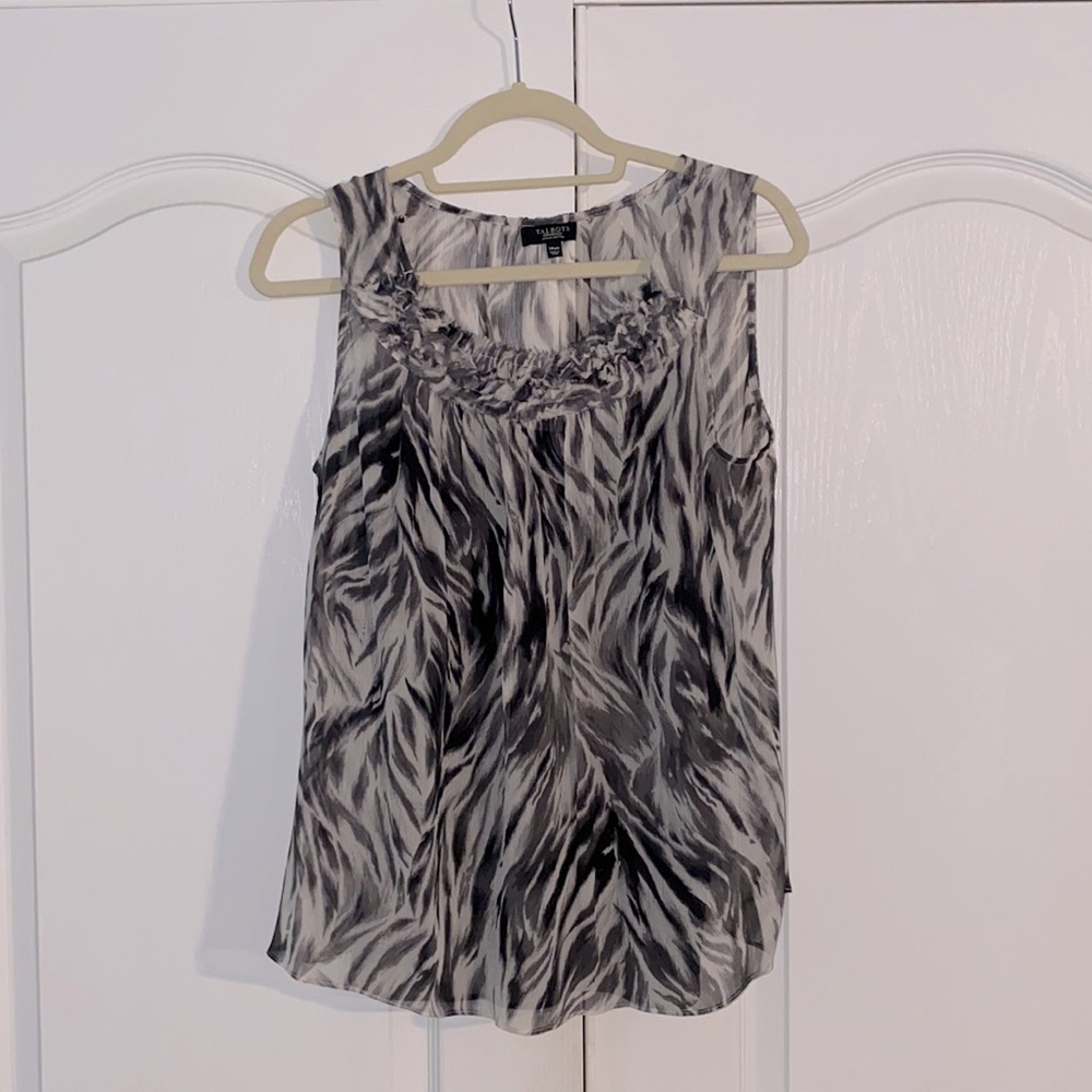 Talbots, 100% silk, semi-sheer shell, size 14WP, over a black camisole.